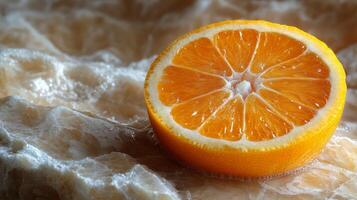 Freshly cut lemon halves displaying vibrant yellow flesh on a marble surface photo