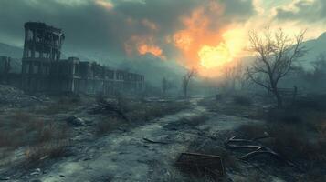 Desolate landscape with ruined buildings under a dramatic sunset in a post-apocalyptic setting photo