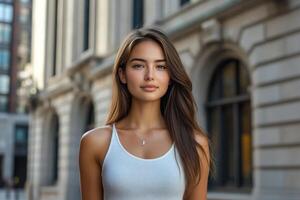 Young woman poses elegantly in white lace attire at historic building under sunny sky photo