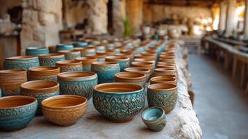 Collection of handcrafted ceramic bowls displayed in a pottery studio during daylight hours photo
