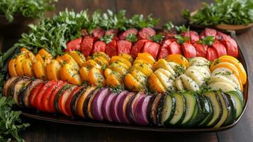 Fresh selection of colorful vegetables at a local market showcasing a variety of peppers and eggplants photo