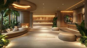 Modern interior design in a hotel lobby with soothing decor and natural lighting during the day photo