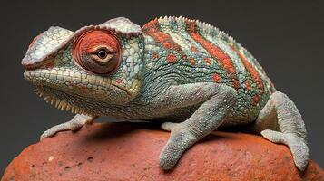 Vibrant close-up of a colorful lizard showcasing its unique textured skin and striking features photo