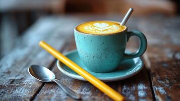 Pink cup of coffee with heart design on foam placed on wooden table in cozy cafe photo