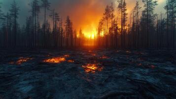 Sunset casts warm glow over burnt forest and reflective puddles in serene landscape photo