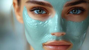 Relaxing facial treatment featuring a woman applying a green clay mask at a spa photo