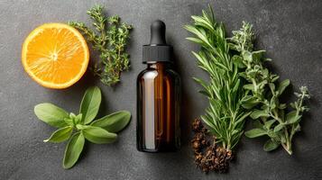 Natural skincare routine featuring herbal ingredients and a smiling woman in a minimalist setting photo