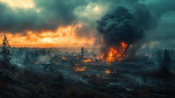 Dramatic fire and smoke erupt from a rugged landscape under ominous clouds photo
