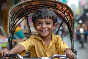 Joyful boy smiles while riding in rickshaw through bustling market street in vibrant city photo
