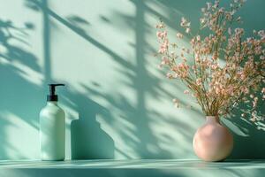 Minimalist skincare product displayed on a vibrant green shelf with shadows photo