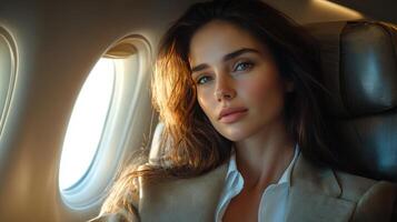 Woman enjoying a comfortable flight while gazing out the airplane window during golden hour photo