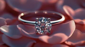 Elegant diamond ring placed on soft pink petals for a romantic display in natural light photo