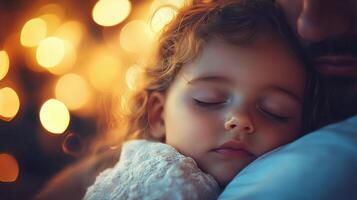 Sweet baby sleeping peacefully surrounded by warm lights in a cozy atmosphere photo