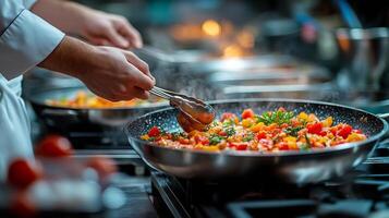 Professional chef skillfully preparing a colorful vegetable dish in a busy kitchen photo