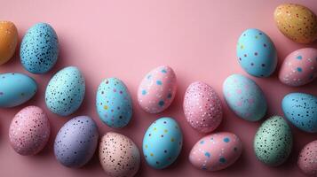 Decorative Easter eggs arranged in a circular pattern on a blue background during spring celebration photo