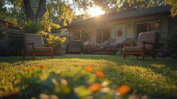 Lush backyard with vibrant plants and cozy seating area in a serene garden setting photo