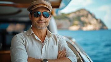 Man enjoying leisure time on yacht with mountainous coastline in background during sunny day photo