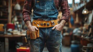 Skilled carpenter wearing tools and denim attire in a workshop setting showcasing craftsmanship photo