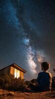 Boy gazes at the Milky Way over a cabin in a clear night sky photo