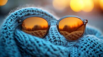 Stylish sunglasses resting on knitted fabric illuminated by warm sunlight photo