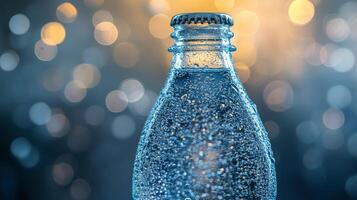 Sparkling water bottle with bubbles on a reflective surface in bright lighting photo