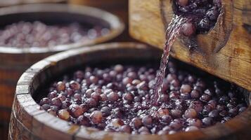 Grapes being crushed and processed in wooden barrels at a winery during harvest season photo