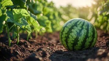 Watermelon growing in a field under sunlight with vibrant green plants around photo