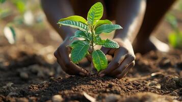 Planting a young tree in a forest area for reforestation efforts during spring season photo