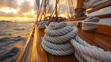Sailing through majestic mountains with coiled rope on deck near the water during dusk photo