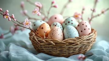 Colorful decorated eggs in a wicker basket on a soft pink cloth for spring celebrations photo