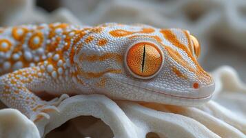 Close-up of a colorful gecko resting on textured rock during daylight hours photo