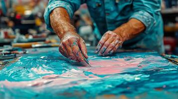 Artistic expression with vibrant colors using a brush on canvas in a creative environment photo