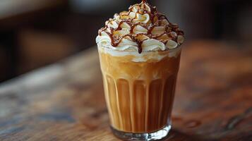 Iced coffee topped with whipped cream and chocolate, surrounded by snacks on a wooden table photo