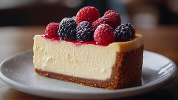 Creamy cheesecake topped with fresh berries served on a white plate in a cozy cafe setting photo