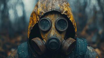 Abandoned gas mask on desolate landscape near waterway in a post-apocalyptic setting photo
