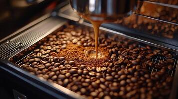 Brewing espresso with fresh coffee beans in a modern coffee machine at a cafe photo
