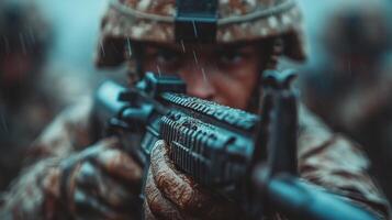 Soldier aiming a rifle in a forest during autumn with orange and yellow foliage photo