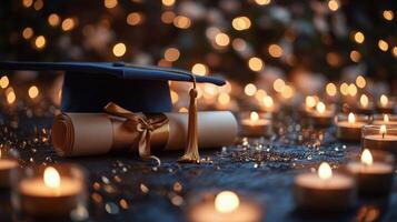 Graduation celebration with a cap and diploma surrounded by candles and warm lights at night photo