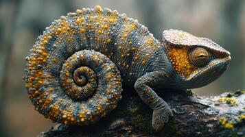 Unique chameleon with colorful scales perched on a branch in a forest setting photo