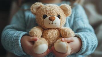 Child holding a soft teddy bear while sitting indoors in cozy sweater photo