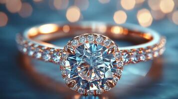 Sparkling diamond engagement ring displayed on a reflective surface with shimmering background lights photo