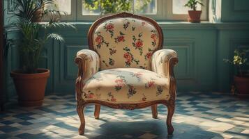 Cozy floral chair illuminated by warm sunlight in a charming indoor setting photo