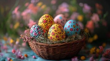 Colorful hand-painted Easter eggs displayed in a decorative nest on a floral fabric background photo