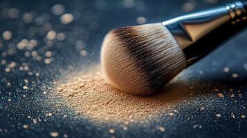 Makeup brush resting on loose powder with a blurred background of cosmetics photo