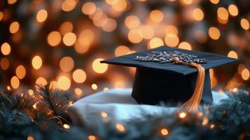 Graduation cap on soft blanket with festive lights in the background creating a celebratory atmosphere photo