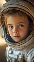 Child in astronaut suit poses with a curious expression and bright blue eyes photo
