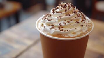 Delicious hot chocolate topped with whipped cream and chocolate shavings served in a cozy caf photo