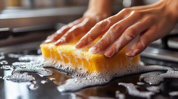 Hands scrubbing a kitchen countertop with a sponge and soap during cleaning chores in bright condition photo