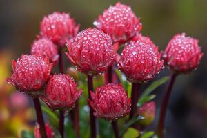 Freshly bloomed red flowers glistening with dew in early morning sunlight photo