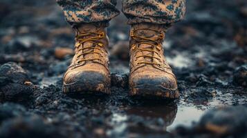 Boots stand firmly in muddy terrain during an outdoor activity in a rugged landscape photo